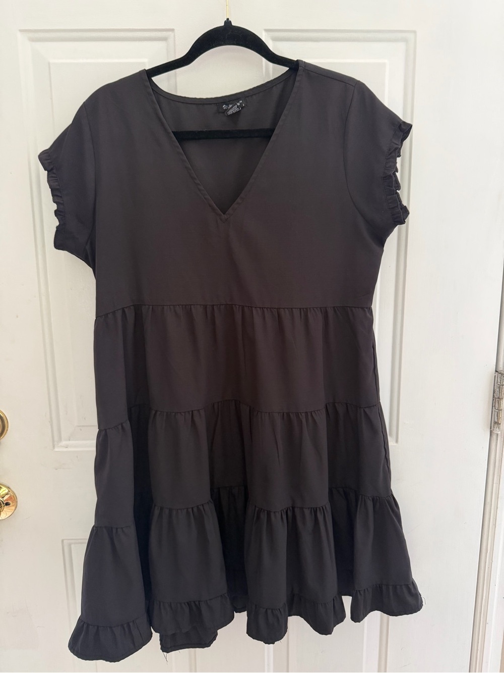 Tiered V-Neck Mini Dress in Charcoal